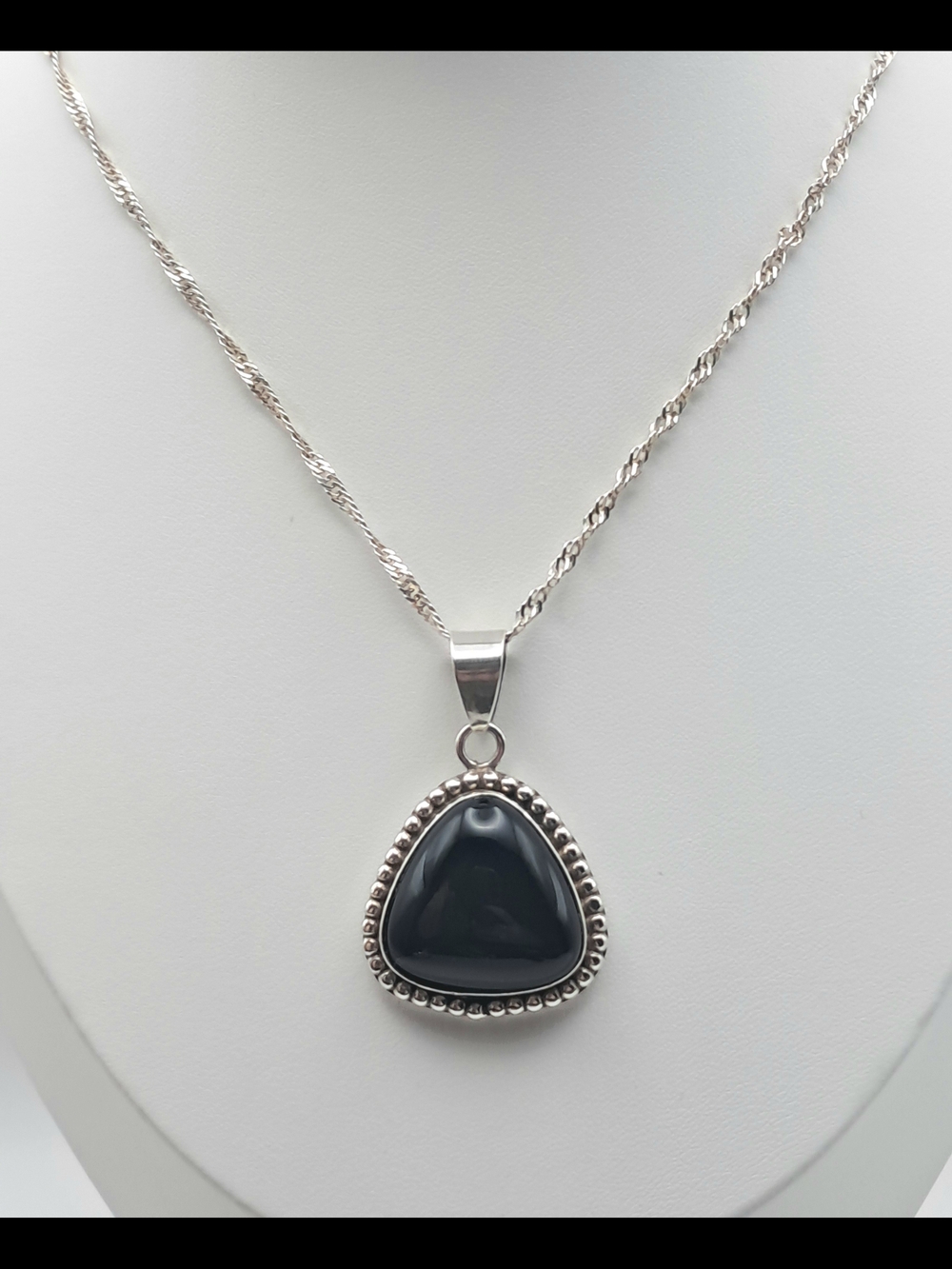 Vintage Navajo Sterling Silver & Black Onyx Triangle Pendant Necklace with Chain